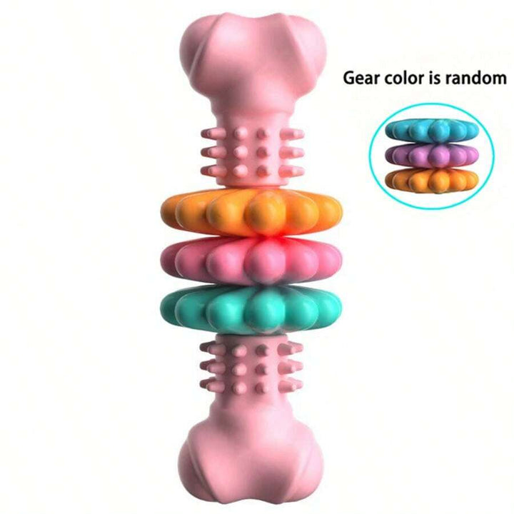 Pink textured ring bone toy with three scalloped rings; ring colors are assorted