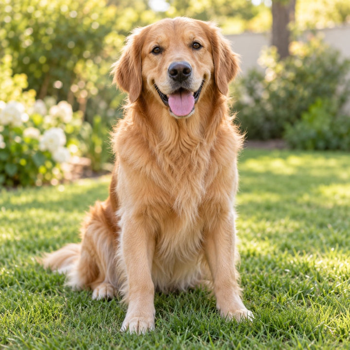 Happy golden retriever sitting in a sunlit garden