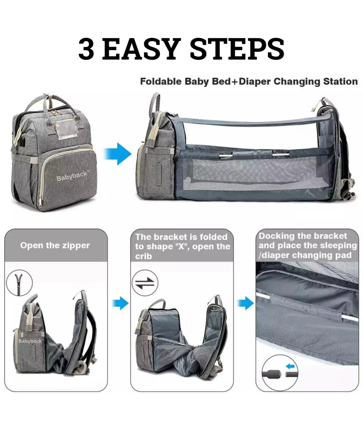 Babyback™ - 7 in 1 Diaper Bag BackPack Changing Station (NEW Improved!)