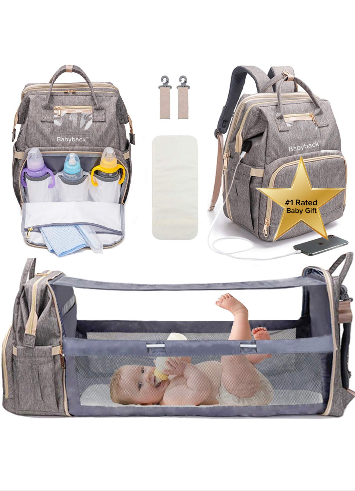 Babyback™ - 7 in 1 Diaper Bag BackPack Changing Station (NEW Improved!)